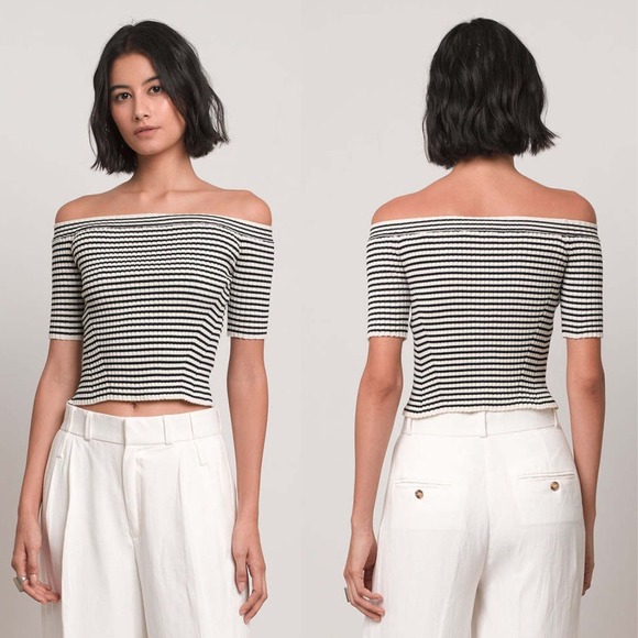 Eleven Six Sweaters - Eleven Six Striped Off Shoulder Knit Sweater Top Navy White Pima Cotton Size S